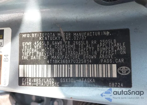 2007 Toyota Avalon Xls z USA, uszkodzony, nr VIN 4T1BK36BX7U225814